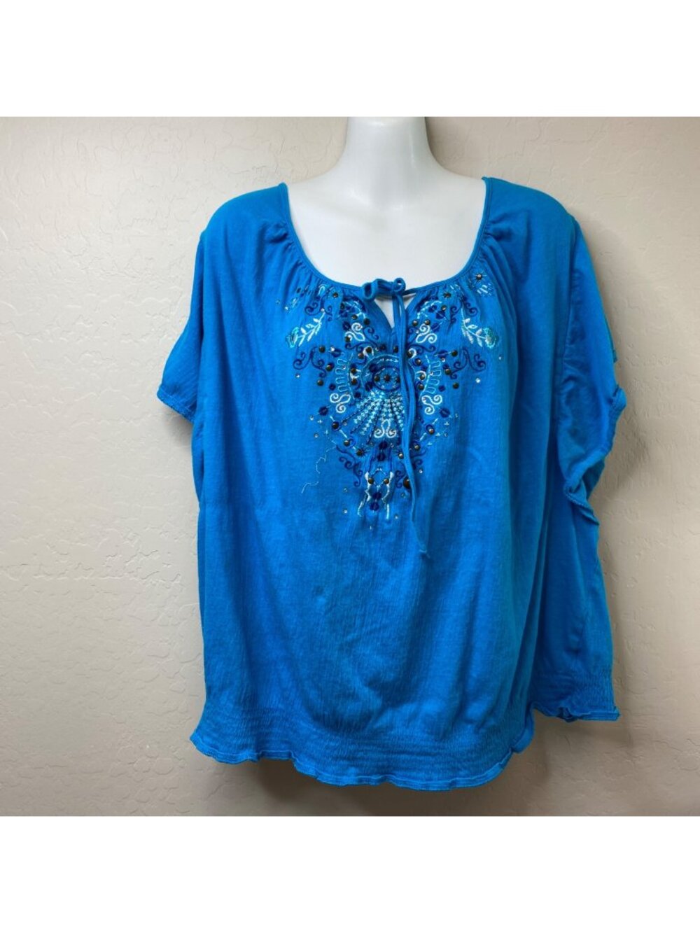 Style & Co. Womens Blue Embroidered Scoop Neck Top Size 1X